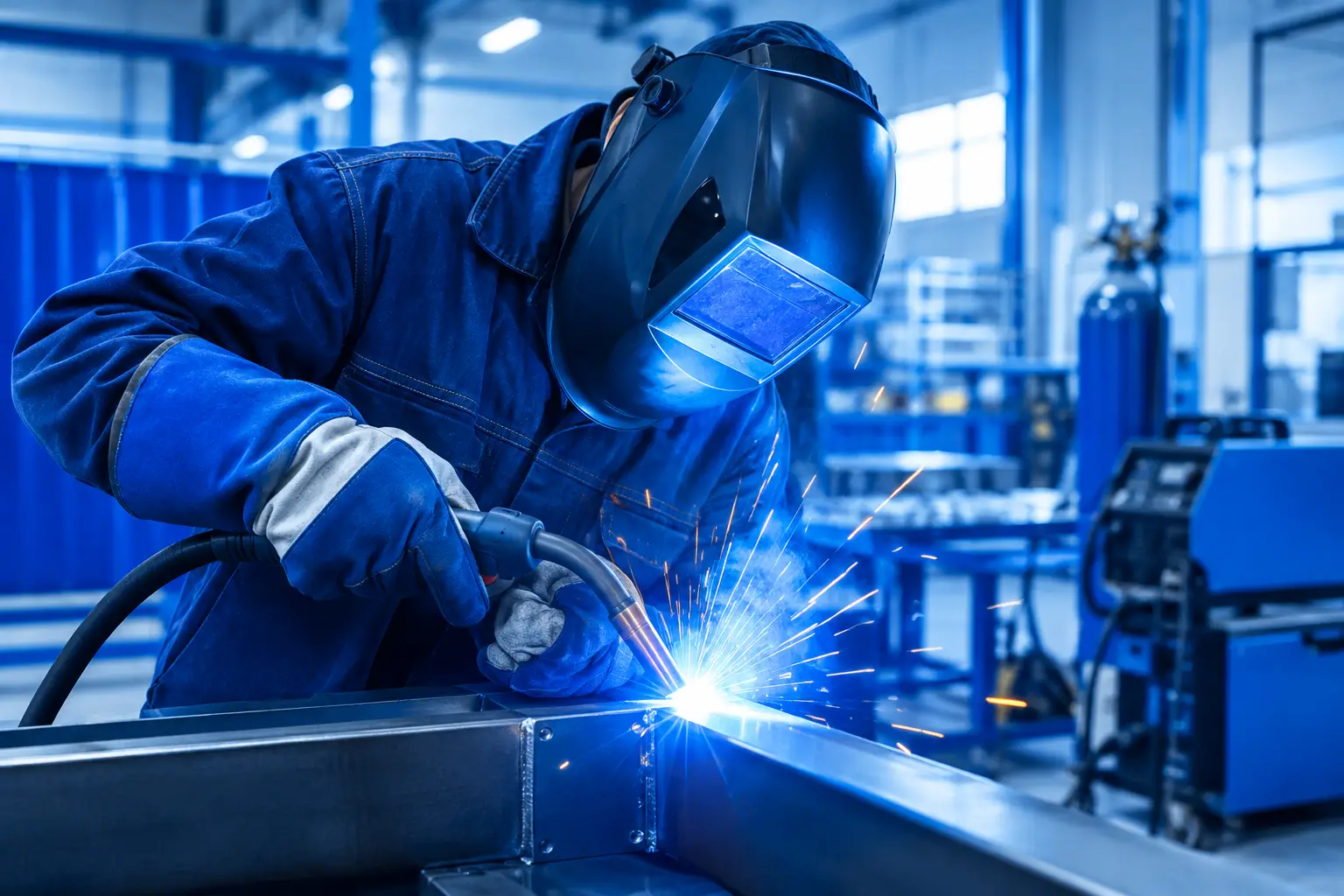 Soldador trabalhando na fabricação de equipamentos industriais